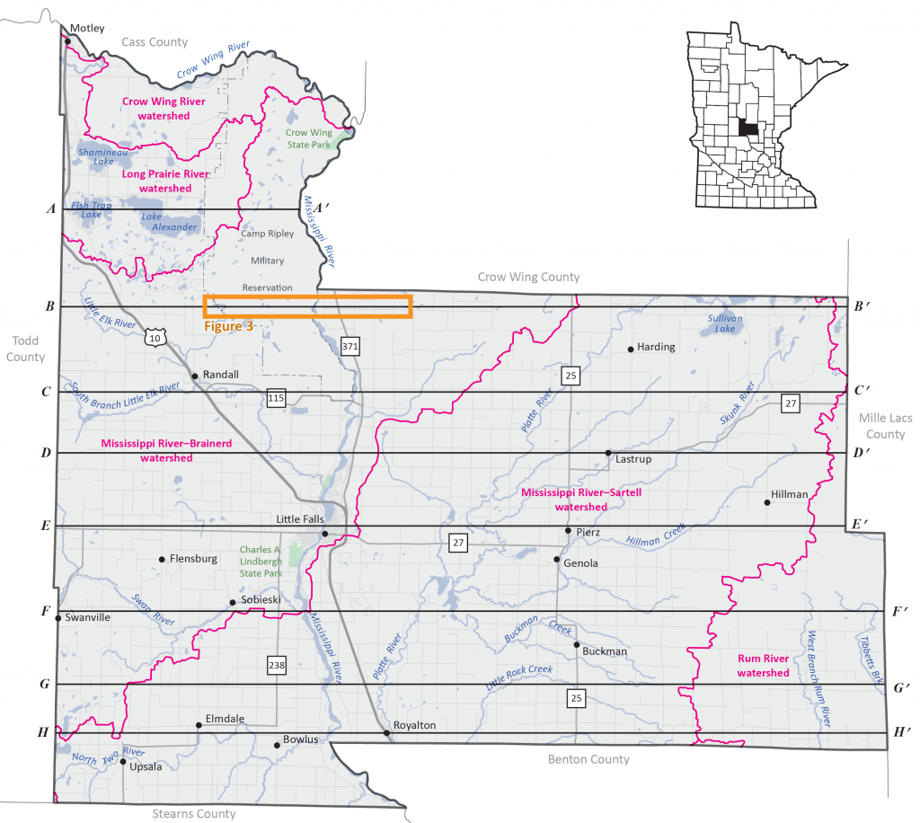 Map of the county showing the location of water features, cities, and watersheds.