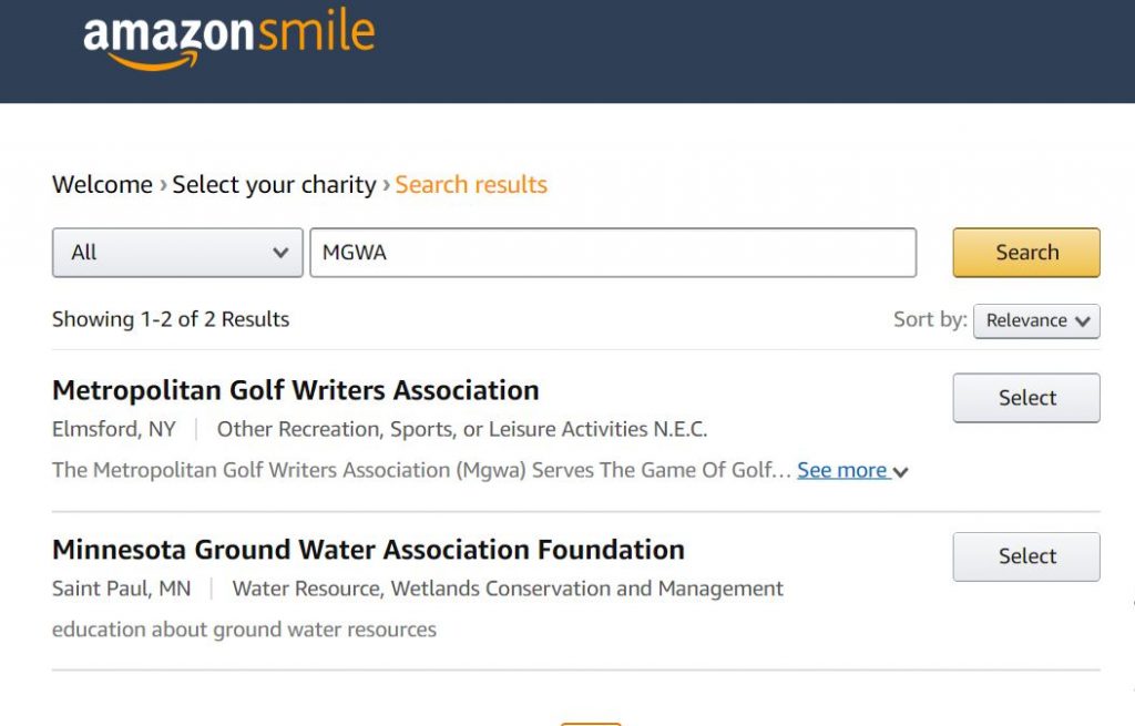 Screenshot of Amazon Smile website showing how to select MGWA as the charity.