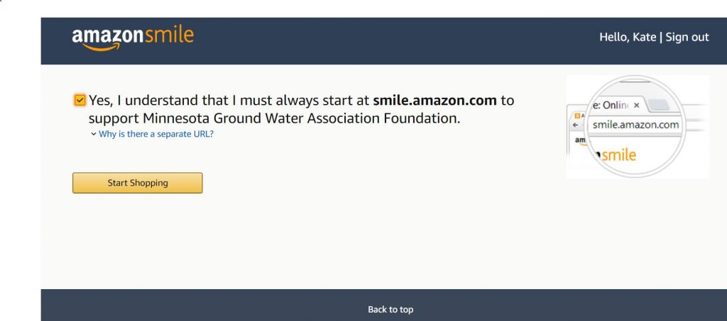 Screenshot of webpage instructing user that they must start at smile.amazon.com to support MGWA.