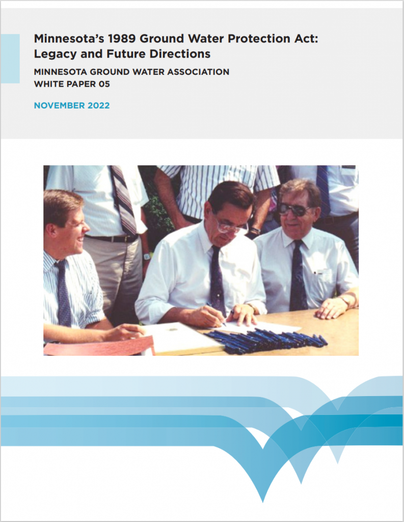 Cover of MGWA white paper number 5. The cover shows an image of former Minnesota Governor Perpich signing the 1989 Ground Water Protection Act into law.